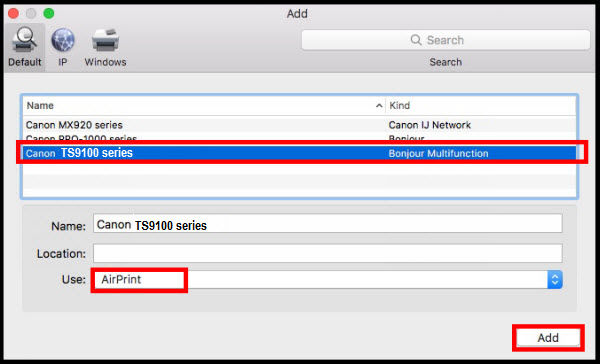 Canon TS9100 selected (as an example) under printer name. Bonjour Multifunction displays in the Kind column.